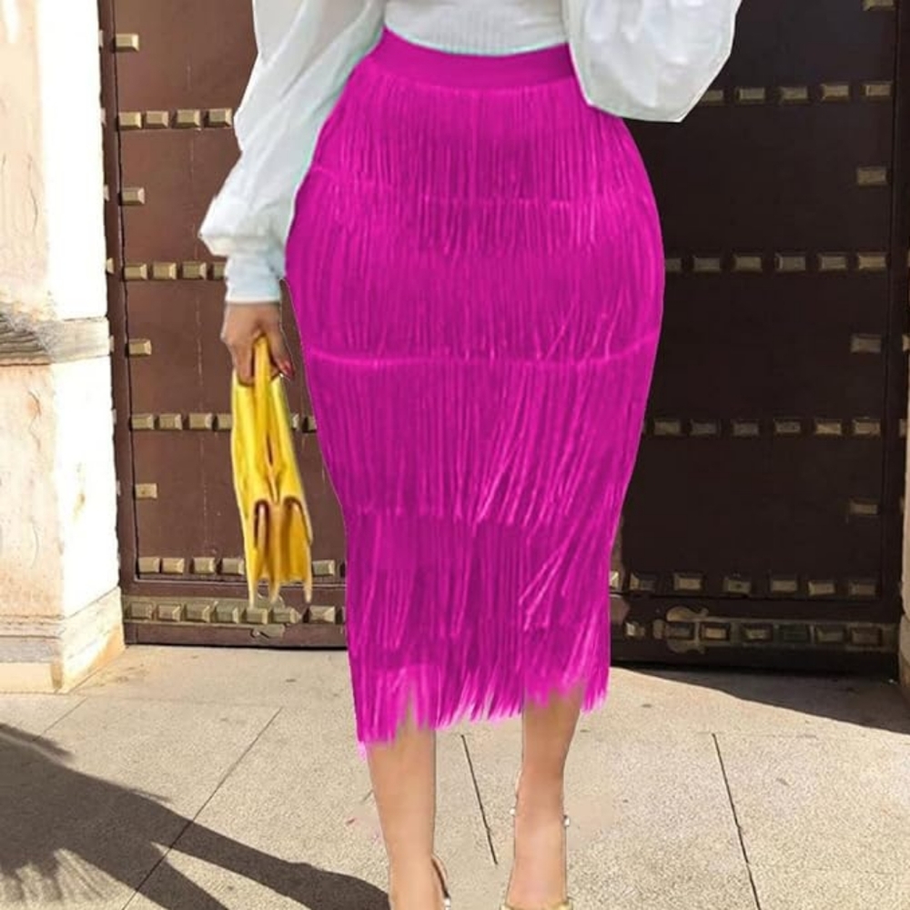 Rose Pink Fringe Midi Skirt